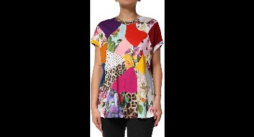 Patchwork Cotton Silk Round Neck Blouse Top Wo - Multicolor Tops