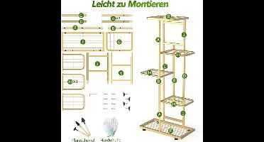 Bloemenstandaard - metaal - voor binnen en buiten - met 5 etages - met tuingereedschap en handschoenen - 95 cm hoog - 22 x 41 x 95 centimeter - goud
