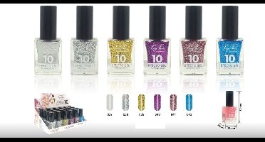 Easy Paris Cosmetics - Set met 6 Flesjes Glitter Nagellak - Zilver - Transparant met Zilver - Transparant met Goud - Transparant met Paars - Transparant met Roze - Transparant met Blauw - Inhoud per flesje 15 ml. - Nummer B07