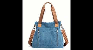 S&E Vintage Canvas Tote Bag met Veel Opbergruimte – Voor School, Werk & Vrije Tijd - Blauw