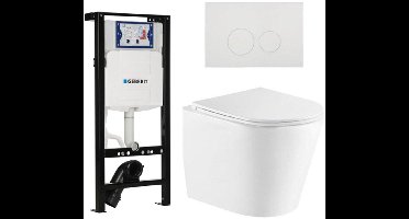 QeramiQ Dely Toiletset - 36.3x51.7cm - diepspoel - rimless - Inbouwreservoir met Geberit UP320 spoelmechanisme - softclose toiletzitting - glans witte bedieningsplaat - ronde knoppen - wit glans