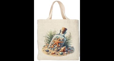 Shopper - Totebag - Boodschappentas | Beach Life - Fles zeester | Duurzaam - Linnenlook - 48x38cm