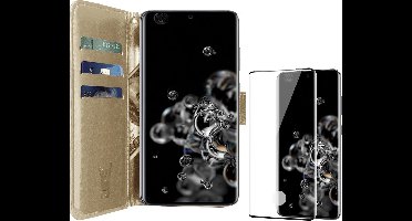 Hoesje geschikt voor Samsung Galaxy S20 Ultra - Screen Protector FullGuard - Book Case Kunstleer Pasjeshouder Goud & Screenprotector