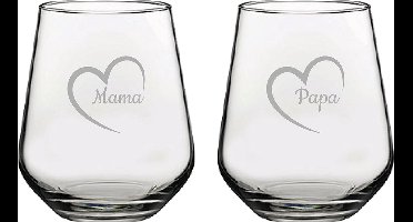 Gegraveerde Drinkglas 42,5cl Mama met hartje & Papa met hartje