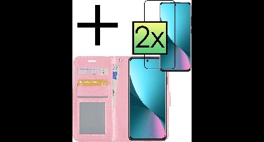 Hoesje - Met 2x Screenprotector - Geschikt voor Xiaomi 12 - Luxe Pasjeshouder - Bookcase Portemonee - Flip Case - Kunstleer Book Case - Flipcase Hoes - Book Cover - Walletcase - Portemonneehoes - Lichtroze