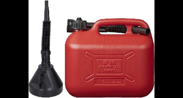 Jerrycan rood voor olie en brandstof van 5 liter met een handige grote trechter van 39 cm
