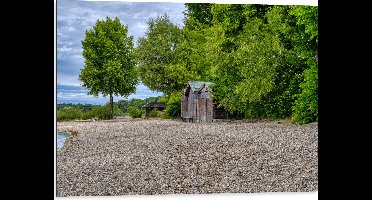 WallClassics - Dibond - Bruine Hutjes aan de Rand van het Bos - 80x60 cm Foto op Aluminium (Met Ophangsysteem)