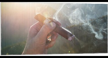 WallClassics - Vlag - Rokende Sigaar bij Begroeide Berg - 100x50 cm Foto op Polyester Vlag