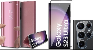 Hoesje geschikt voor Samsung Galaxy S23 Ultra - Screenprotector FlexGuard & Camera Lens Screen Protector - Book Case Spiegel Roségoud