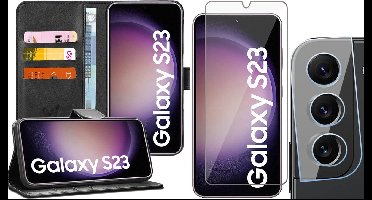 Hoesje geschikt voor Samsung Galaxy S23 - Screenprotector GlassGuard & Camera Lens Screen Protector - Book Case Kunstleer Pasjeshouder Zwart
