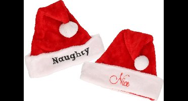Kerstmutsen Naughty and Nice set - 2x - rood/wit - polyester - tot maat 58 - volwassenen