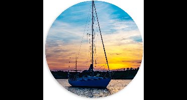 WallClassics - PVC Schuimplaat Muurcirkel - Vissersboot met Hoge Mast en Zonsondergang - 100x100 cm Foto op Muurcirkel (met ophangsysteem)