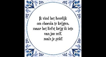 Tegeltje met Spreuk (Tegeltjeswijsheid): Ik vind het heerlijk om chocola te krijgen, maar het liefst krijg ik iets van jou zelf, zoals je geld! + Kado verpakking & Plakhanger