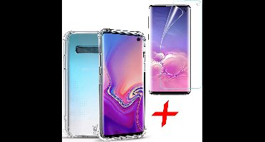 Hoesje geschikt voor Samsung Galaxy S10 - Anti Shock Proof Siliconen Back Cover Case Hoes Transparant - PET Folie Screenprotector