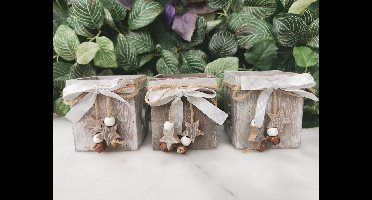 Set van 3 houten theelichthouders/waxinelichthouders met glas voor kaarsje en uitgesneden in 3 motieven  met touwtje en strik met hangers in hout