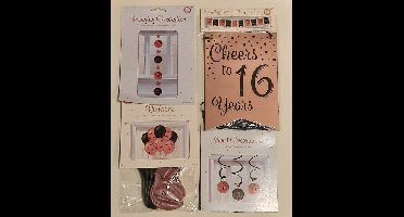 Feestversiering – rose gold/zwart - complete set - 16 jaar - luxe set