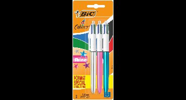 Bic Colours Shine 4-kleurenbalpen | medium | klassieke inktkleuren | blister van 3 stuks