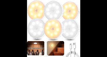 Ynkkvre - bewegingssensor lamp - 6 stuks - 3 warmlichtproducten en 3 witlichtproducten - oplaadbare LED nachtlamp - draadloze LED verlichting voor trap, gang, slaapkamer, kast en keuken