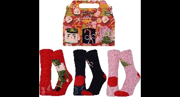 Apollo Dames Sokken Kerst Print Chenille Bedsokken Giftbox 3-Pack - Maat 36/41
