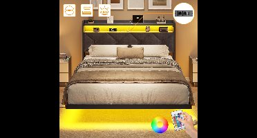 Tweepersoonsbed 140x190 cm - Heavy Duty Metalen Bedframe - Tienerbed - Jongerenbed - Jeugdbed - Zwevend Design - Met LED Verlichting - Stopcontacten - USB Poorten - Type C - Hoofdbord met Opbergruimte - Donkergrijs Linnen