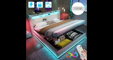 Gestoffeerd Bed 140x190 cm - Opbergruimte - Opbergbed - Jongerenbed - Jeugdbed - Tweepersoonsbed - Bedframe met Led Verlichting - Met Stopcontacten - USB -Type C - Met Leeslamp - Eenvoudige Montage - Beige