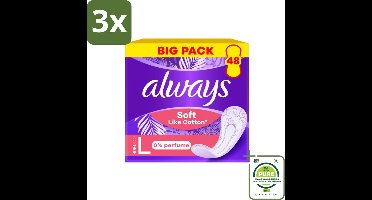 3 x Always – Inlegkruisjes – Soft Like Cotton Long 0% Parfum – 48 Inlegkruisjes - Grootverpakking - Inlegkruisjes - Always Soft Like Cotton - 0% Parfum - Katoenzacht - Vrouwelijke Hygiëne