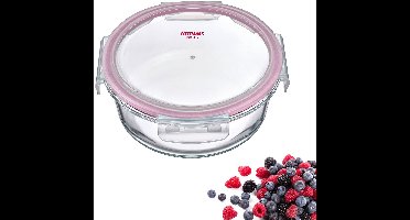 Glazen vershouddoos, rond, vulvolume: 950 ml, magnetron- en ovenbestendig, glas/siliconen/kunststof, transparant/rood