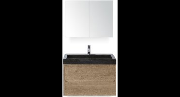 Dante Badmeubelset 80 cm - Natuur Eiken - Wastafel Hardsteen Wit Lucca met Spiegelkast