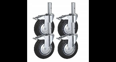 Vortech - Steigerwielen Set 4 Stuks - Ø 200 mm - Met Rem - Spindel Ø 35 mm - Massief Rubber - 600 kg Draagvermogen