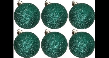 6x stuks kunststof glitter kerstballen petrol groen 6 cm - Onbreekbare kerstballen
