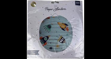 Papieren lantaarn rond met raket print - Lichtblauw / Multicolor - Papier / Metaal - ⌀ 22 cm - Lampion - Lamp - Lampionenneoptocht - Lantaarn
