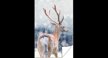 Poster Winter - Hert - Dieren - 20x30 cm - Kerstmis Decoratie - Kerstversiering - Kerstdecoratie Woonkamer - Kerstversiering - Kerstdecoratie voor binnen - Kerstmis