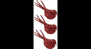 6x stuks decoratie vogels op clip glitter rood 16 cm - Decoratievogeltjes/kerstboomversiering/bruiloftversiering