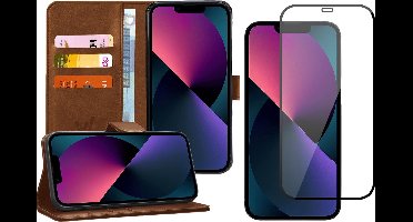 Hoesje geschikt voor iPhone 13 Mini - Full Screenprotector - Book Case Kunstleer Wallet - Bruin
