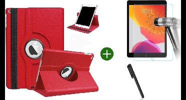 Hoes geschikt voor iPad 2021/2020/2019 (10.2 inch) draaibaar + screenprotector - tempered glass + stylus pen - Rood
