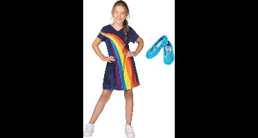 K3 jurkje regenboog - nieuw blauw + schoentjes - 6-8 jaar - mt 32 + glitter haarband