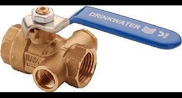 Raminex S28 Kiwa kogelkraan met aftapgelegenheid knel messing 15x15mm dn15 kiwa hendel blauw