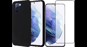 Hoesje geschikt voor Samsung S21 Plus - Zwart Siliconen Case - Screen Protector Glas Full Screen