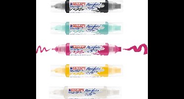 edding 5400 acrylstiften 3D double liner - zwart, wit, geel, pink, turquoise - set van 5 tubes acrylverf (basis) - dubbele punt 2-3, 5-10 mm - acrylverf voor canvas, hout - verf in schilderskwaliteit
