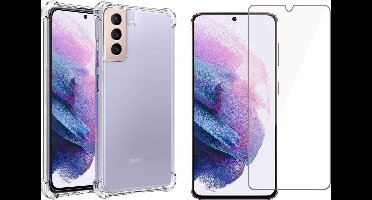 Hoesje geschikt voor Samsung Galaxy S21 - Anti Shock Proof Siliconen Back Cover Case Hoes Transparant - Tempered Glass Screenprotector