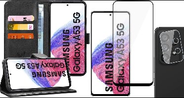 Hoesje geschikt voor Samsung Galaxy A53 - Book Case Kunstleer Wallet Cover Portemonnee Pasjeshouder Hoes Zwart - Full Tempered Glass Screenprotector - Camera Lens Protector