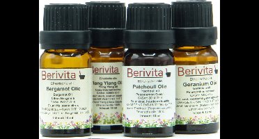 Troost en Verwerking Set 4x10ml Etherische Olie - Bergamotolie 10ml, Geraniumolie 10ml, Patchouli Olie 10ml en Ylang Ylang Olie 10ml - Essentiële Olie Set