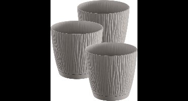 Prosperplast Plantenpot/bloempot Waves - 3x stuks - kunststof - steengrijs - D15 x H14 cm - binnen/buiten - met opvangschaal