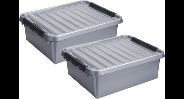 2x stuks sunware q-line opberg box/opbergdoos - 25 liter - 50 x 40 x 18 cm - kunststof - opslagbox - grijs