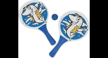 Houten beachball set blauw met haaien print - Strand balletjes - Rackets/batjes en bal - Tennis ballenspel