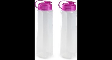 2x stuks kunststof waterflessen 1000 ml transparant met dop roze - Drink/sport/fitness flessen