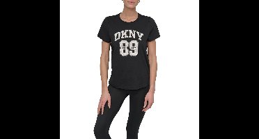 Dkny Arched 89 Distressed Rhinestone Logo T-shirt Met Korte Mouwen Zwart XS Vrouw