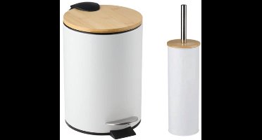 Alpina Prullenbak 3L met Houten Deksel + Toiletborstel met Houten Deksel – Wit – Compacte Set voor Badkamer, Toilet, Keuken of Kantoor