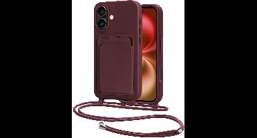 Hoes Geschikt voor iPhone 16 Plus Hoesje Pasjeshouder Cover Met Koord Case Siliconen Hoes Met Telefoonkoord en Kaarthouder - Aubergine