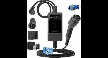 dé Mobiele Thuislader Type 2- Schuko 3,7kW -Dubbele knopaanpassing - 16A 1 fase 15 meter Kabel - 230V EV-oplader met LCD Digitaal Display - Voor Elektrische Auto's